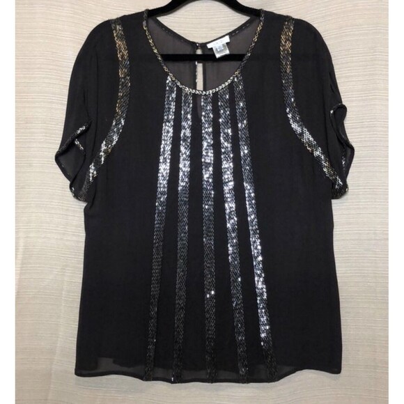 Cache Sheer Beaded Blouse Top In Charcoal Sz Med - Picture 1 of 8